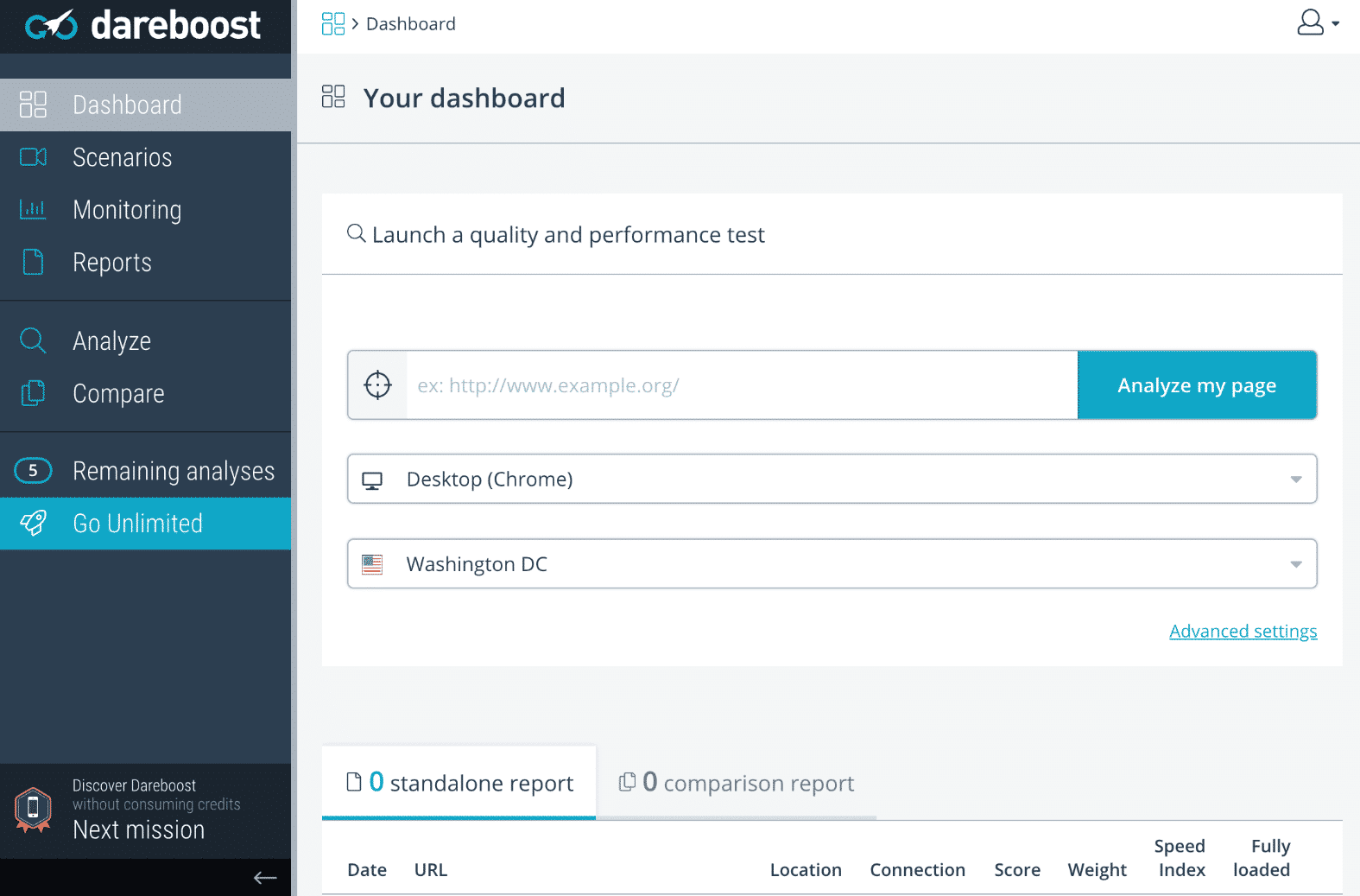 DareBoost website speed test tool